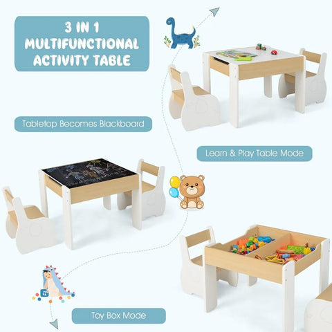 3 in 1 Kids Table and Chair Set, Wood Multi Activity Table with Removable Tabletop Storage, Detachable Blackboard