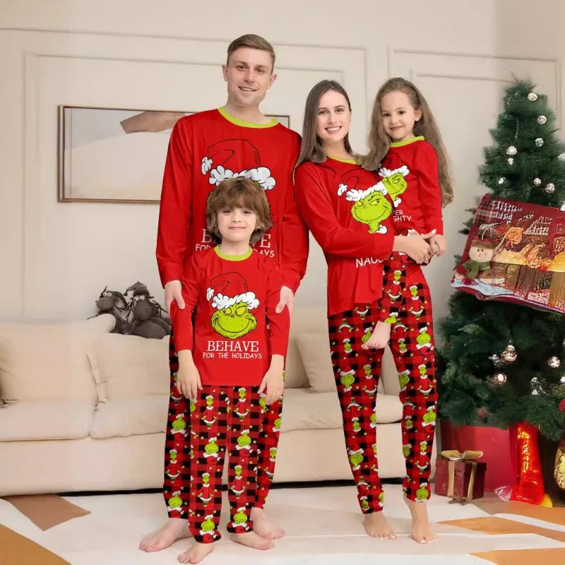 Christmas Family Matching Pajamas Set Little Monster Print Parent-child Outfits  Top+Stripe Pants Xmas Sleepwear Baby Jumpsuit