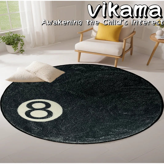 VIKAMA Vintage Faux Billiards Black 8 Faux Cashmere Home Round Decorative Rugs Bathroom Kids Bedroom Absorbent Dirty Resistant