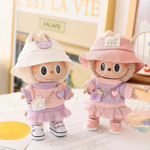 Mini Doll'S Clothes Outfit Accessories for 15-17cm Ropa Labubu & 10cm Cotton Doll Love Hoodie Pink Yarn Skirt Clothing no doll