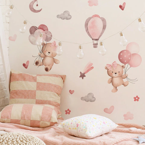 Pink Cartoon Bear Balloon Wall Stickers for Kids Room Decoration Baby Girls Baby Boys Room Wall Decals Kindergarten Nursery Room