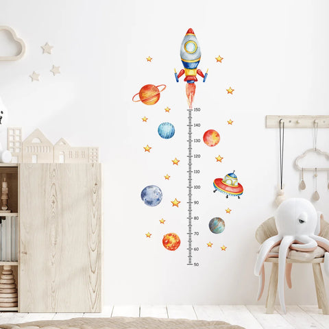 Cartoon Planet Rocket Height Measurement Wall Stickers for Kids Room Baby Boy Room Height Roller Grow Up Chart Wall Decals Mural
