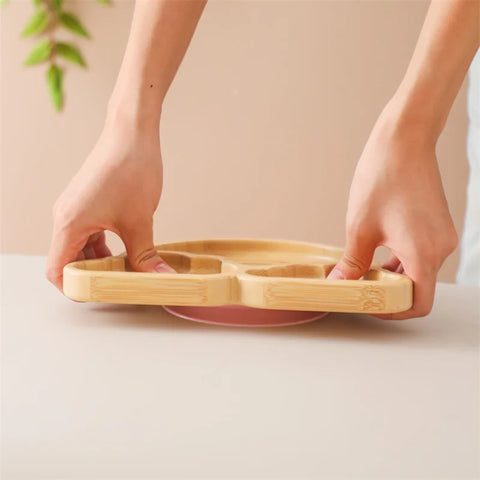 Baby Wooden Tableware Set Could Bamboo Wooden Plate Bowl Silicone Suction Wooden Handle Fork Spoon for Children Feeding Supplies