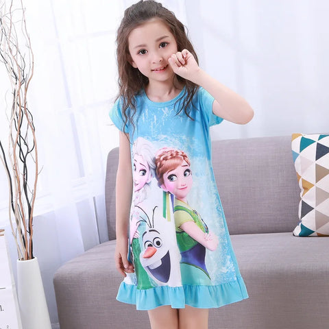 MINISO Girls Night Dress Summer Disney Cartoon Snow White Frozen Princess Elsa Mermaid Print Toddler Girl Nightgown for Teens