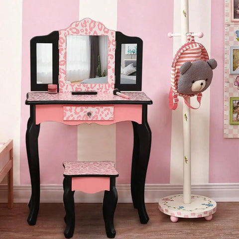 Kids Vanity Set Table and Stool with Drawer Dressing Mirror Pink Girls Gifts