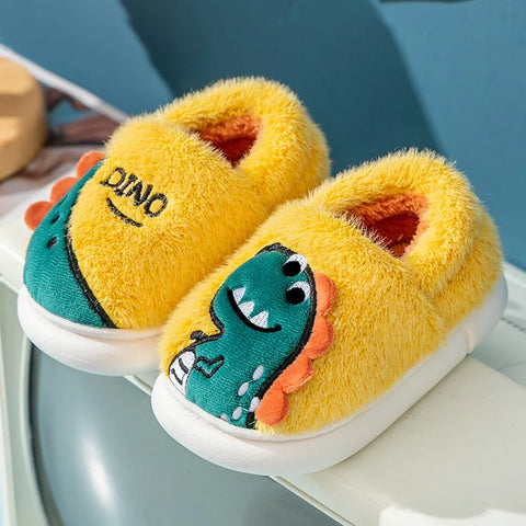 Kids' Cartoon Dinosaur Embroidery Plush Slippers Soft Sole Non-slip Winter Warm Boys Girls Indoor Home Heel Wrap Cotton Shoes