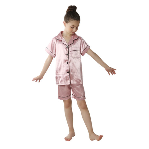 Summer Short Sleeve Satin Pajamas Silk Fabric Girls Sleepwear Boys Nightwear Solid Children's Pajama Sets Pyjamas Boy Baby Wear