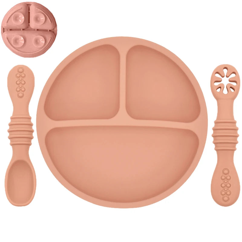 Silicone Baby Sucker Silicone Dining Plate Rice Spoon Set Cute Cartoon Children Dishes Smile Face Baby Tableware Retro Kid Bowl