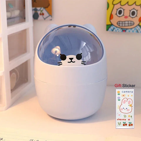 Ins Style Creative Cute Home Desktop with Lid Trash Can Small Mini Kawaii Bedroom Desk Storage Box Pen Holder Give A Sticker