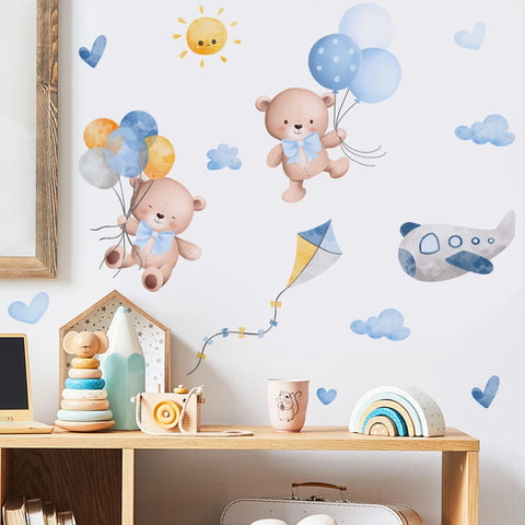 Pink Cartoon Bear Balloon Wall Stickers for Kids Room Decoration Baby Girls Baby Boys Room Wall Decals Kindergarten Nursery Room