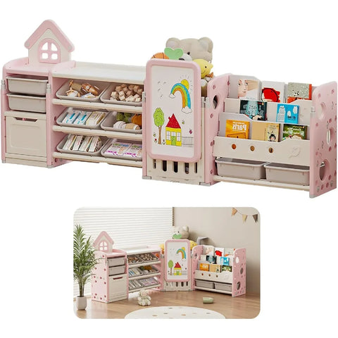 Kids Multifunctional Toy Storage Organizer with 3-Tier Bookshelf, Storage Rack & Drawing Board, Flexible L Shaped Organizer