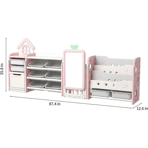 Kids Multifunctional Toy Storage Organizer with 3-Tier Bookshelf, Storage Rack & Drawing Board, Flexible L Shaped Organizer