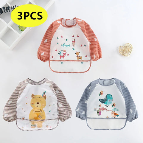 Baby Bibs Cute Colorful Cartoon Waterproof Bib Infant Eating Children Drawing Long Sleeve Pocket Apron Self Feeding Baby 0-3Y