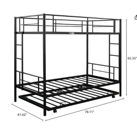 Twin Over Twin Bunk Bed with Trundle, Twin Bunk Beds for 3 Kids/Youths, Metal Bunkbed W/ 2 Ladders & Full-Length Guardrails