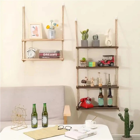 Wooden Floating Shelves for Wall Plant Flower Wood Swing Hanging Rope Storage Home Living Room Decor 1/2/3-tier