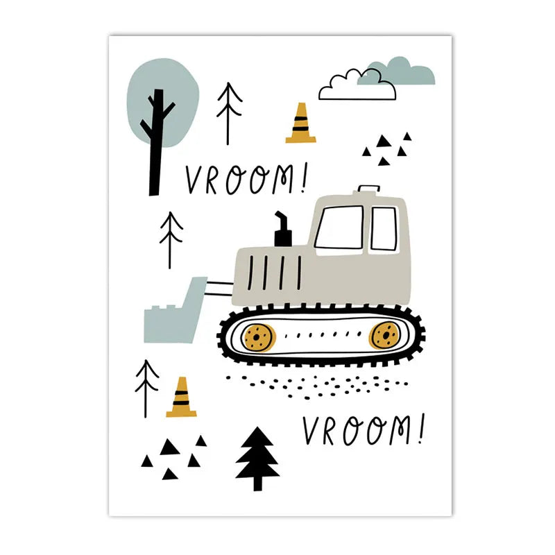 Cartoon Crane Excavator Tractor Truck Wall Art Canvas Painting Nursery Print Child Poster Nordic Wall Pictures Boys Room Decor