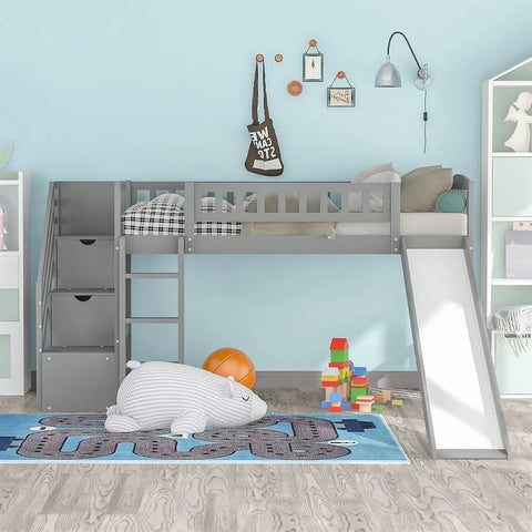 Bunk Beds.Twin Loft Bed with Slide for Kids, Wood Slide Loft Bed with Stairs and Built-in Ladder, No Box Spring Needed