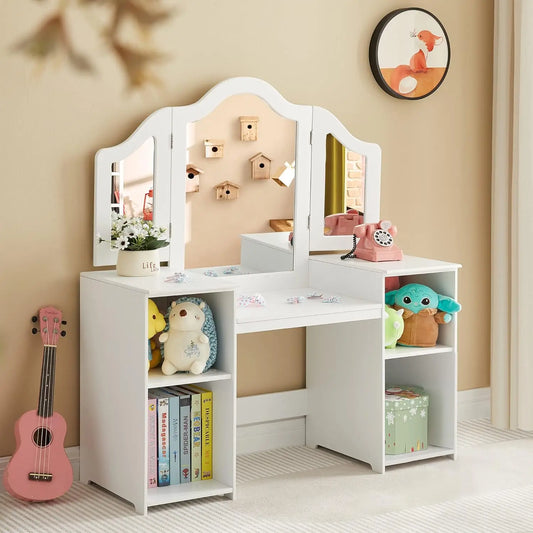 2 In 1 Princess Makeup Vanity Storage Cabinet With Detachable Top, Girls Vanity Set With Tri-Fold Mirror, Age 3-9 (White)