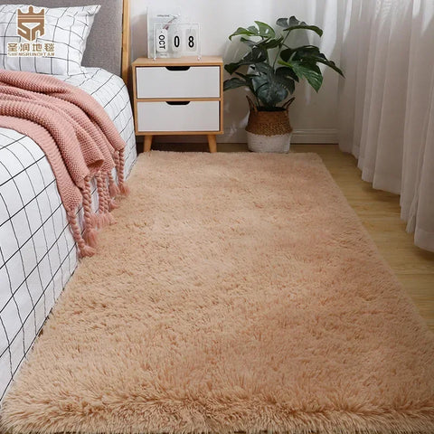 Solid Color Silk Wool Bedside Blanket for Girls Ins Bedroom Plush Carpet Silicone Non Slip Bottom Living Room Carpet  Cute Rug