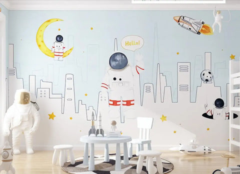 Custom 3D Wallpaper Mural Astronaut Cartoon Kids Room Background Earth Universe Pintado De Pared - Personalized Wall Art