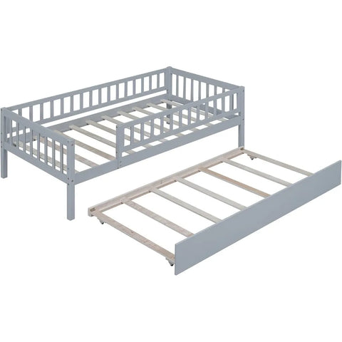 Twin Bed with Trundle, Kids Daybed Trundle Bed, Wooden Beds Frame with Fence Guardrails for Kids Children Toddlers Boys Girls