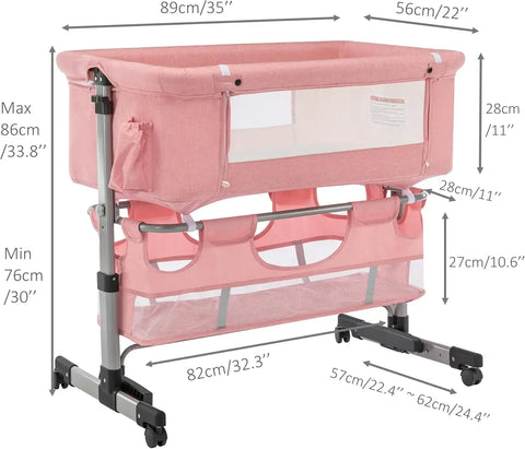 Baby Bassinet, Bedside Sleeper with Wheels, Heigt Adjustable, for Infant/Baby/Newborn Girls & Boys 0-6 Months, Pink