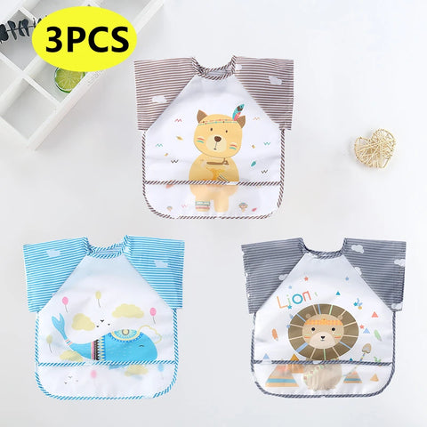 Baby Bibs Cute Colorful Cartoon Waterproof Bib Infant Eating Children Drawing Long Sleeve Pocket Apron Self Feeding Baby 0-3Y