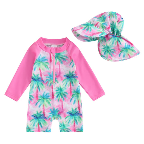 Toddler Girls Boys Beach Wear Kids Swimwear Summer Long Sleeve Floral/Tropical Print Zip Up Bathing Suits with Hat For Swimsuit