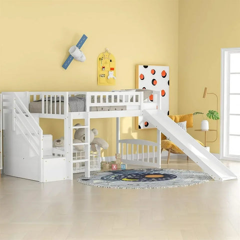 Bunk Beds.Twin Loft Bed with Slide for Kids, Wood Slide Loft Bed with Stairs and Built-in Ladder, No Box Spring Needed