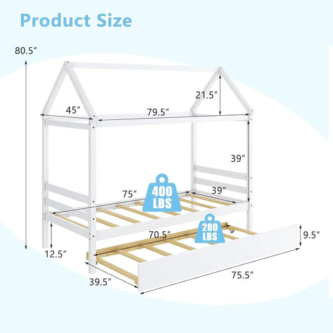 House Bed with Trundle, Solid Wood Twin Size Daybed for Girls & Boys, Kids Platform Bed Frame with Roof for Bedroom, No Box