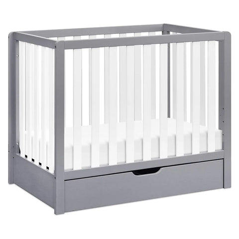 4-in-1 Convertible Mini Crib with Trundle Drawer in Grey and White, Greenguard Gold Certified, Undercrib Storage