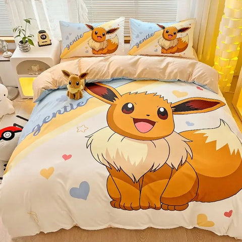 Pokemon Series Eevee Dragon 100% Cotton 4-piece set, Children's Cartoon 3-piece set of Sheet Pillowcase Quilt Cover