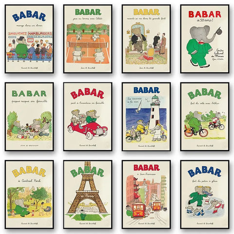 Cartoon Elephant Babar Family Car Cute Yoga Anime Poster and Prints Canvas Printing Wall Art Picture for Kids Room Nursery Decor