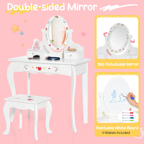 Kid Vanity Table Stool Set Dual-use Rotatable Mirror Whiteboard 4 Markers