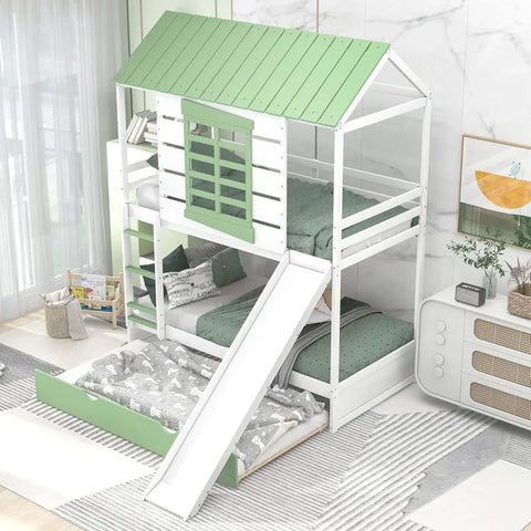 House Bunk Bed with Slide and Trundle, Wood Playhouse Bunk Bed Frames with Convertible Slide and Ladder Children Beds Furniture