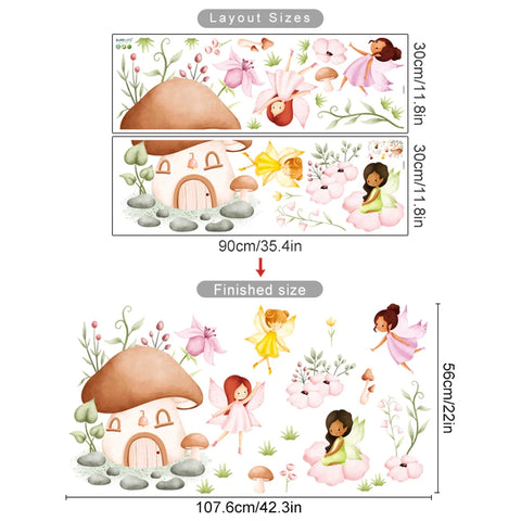 Cartoon Cute Fairy Mushroom House Plant Wall Sticker Flower Elves Wall Decals for Kids Room Baby Girl Nursery Room Bedroom Decor