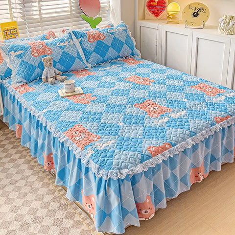 Bonenjoy Bed Skirt Cartoon Style Bed Cover Ruffled Bedsheet falda de cama Quilted Mattress Covers Lace Bedspread (No Pillowcase)