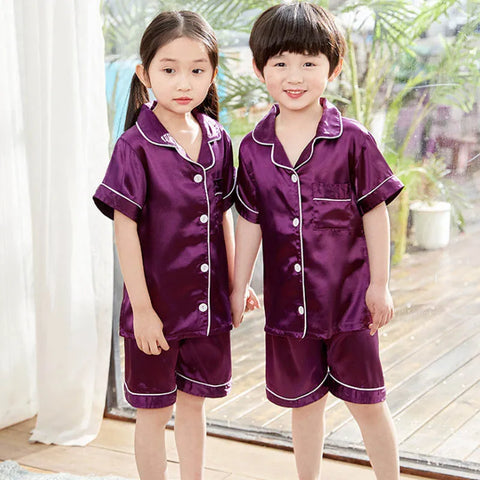 Summer Short Sleeve Satin Pajamas Silk Fabric Girls Sleepwear Boys Nightwear Solid Children's Pajama Sets Pyjamas Boy Baby Wear