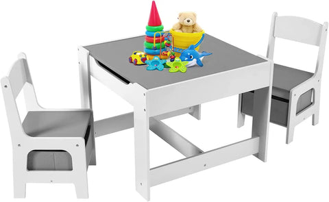 Kids Table & 2 Chairs Set, 3 in 1 Wooden Toddler Activity Table w/Blackboard, Storage, Removable Tabletop