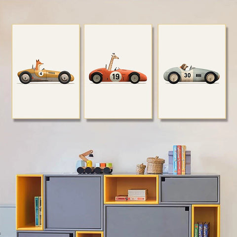 Funny Cartoon Animals Car Art Nursery Wall Poster Print Giraffe Bear Rabbit Children Kid Room Canvas Painting Home Decor Picture