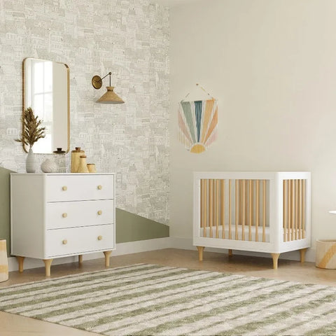 Combined 1 Convertible Mini Crib and Double Bed with White and Natural Toddler Bed Conversion Kit