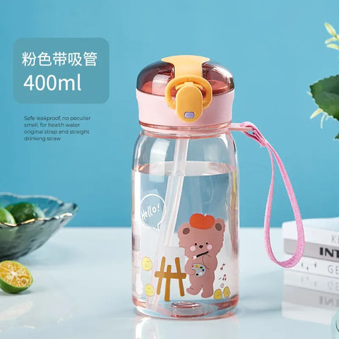 400-650ML Kids Cartoon Water Bottles Leakproof Water Sippy Cup with Straw and Strap Portable Drinking Bottle for Childre
