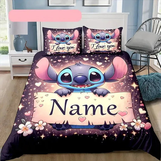 Customizable Stitch Anime Duvet Cover with 2 Pillowcases Cartoon Personalized Name Bedding Set for Women Children Teens