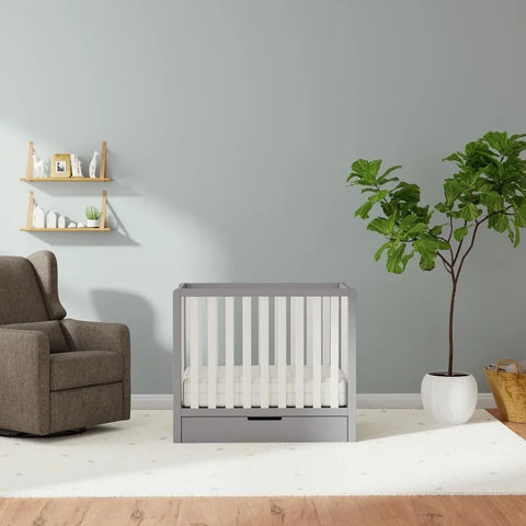 4-in-1 Convertible Mini Crib with Trundle Drawer in Grey and White, Greenguard Gold Certified, Undercrib Storage