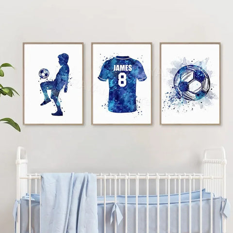 Soccer Player Watercolor Art Posters And Prints Jersey Custom Name Kids Football Canvas Painting Wall Pictures Boys Room Decor