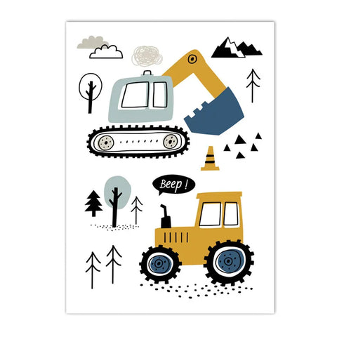 Cartoon Crane Excavator Tractor Truck Wall Art Canvas Painting Nursery Print Child Poster Nordic Wall Pictures Boys Room Decor
