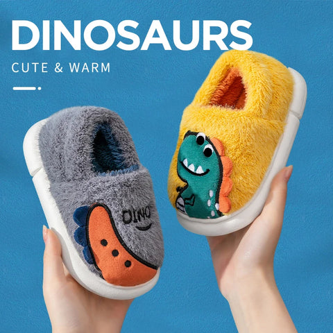 Kids' Cartoon Dinosaur Embroidery Plush Slippers Soft Sole Non-slip Winter Warm Boys Girls Indoor Home Heel Wrap Cotton Shoes