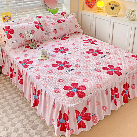 Bonenjoy Bed Skirt Cartoon Style Bed Cover Ruffled Bedsheet falda de cama Quilted Mattress Covers Lace Bedspread (No Pillowcase)