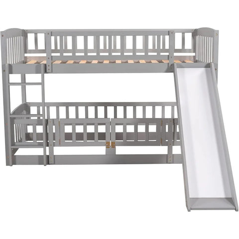 Low Bunk Bed with Slide Twin Over Twin Bunk Beds for Kids Toddlers, Wood Floor Beds Frame with Rails for Boys Girls Teens, Gray