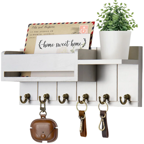 Decorative Key Rack and Mail Organizer with 6 Key Hooks Rustic Wood Key Holder Wall Mounted with Shelf for Living Room Enterway